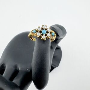 Vintage Avon Gold Tone Turquoise & Pearl Cluster Ring Retro Cocktail Statement